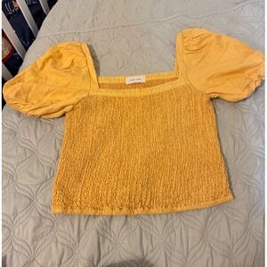 Dear John Marigold Smocked Puff Sleeve  Top Square Neck Women's Medium
